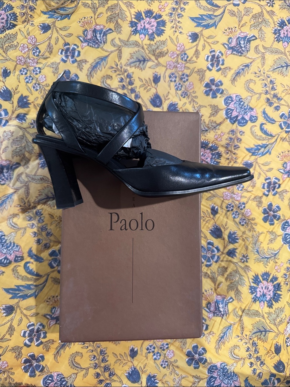 Paolo Black Pointed-Strap Block Heel Pumps